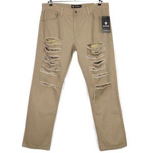 Akademiks‎ Straight Jeans Khaki Tan Brown Destroyed Ripped 36 X 32
